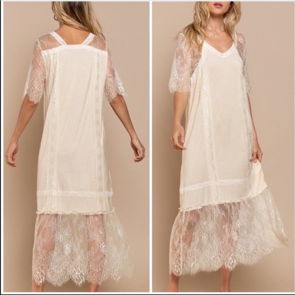 POL Cream Lace Trim Bohemian Dress Cottagecore Lightweight Summer Dress - Picture 3 of 9